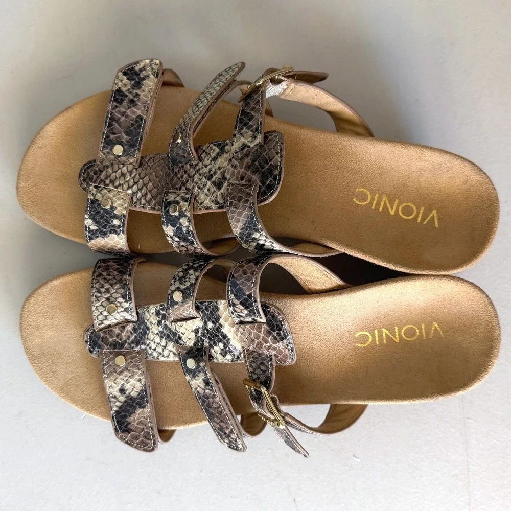 Vionic Womens Radia Snake Print Wedge Sandals Strappy Orthotic Brown Size 8 Wide